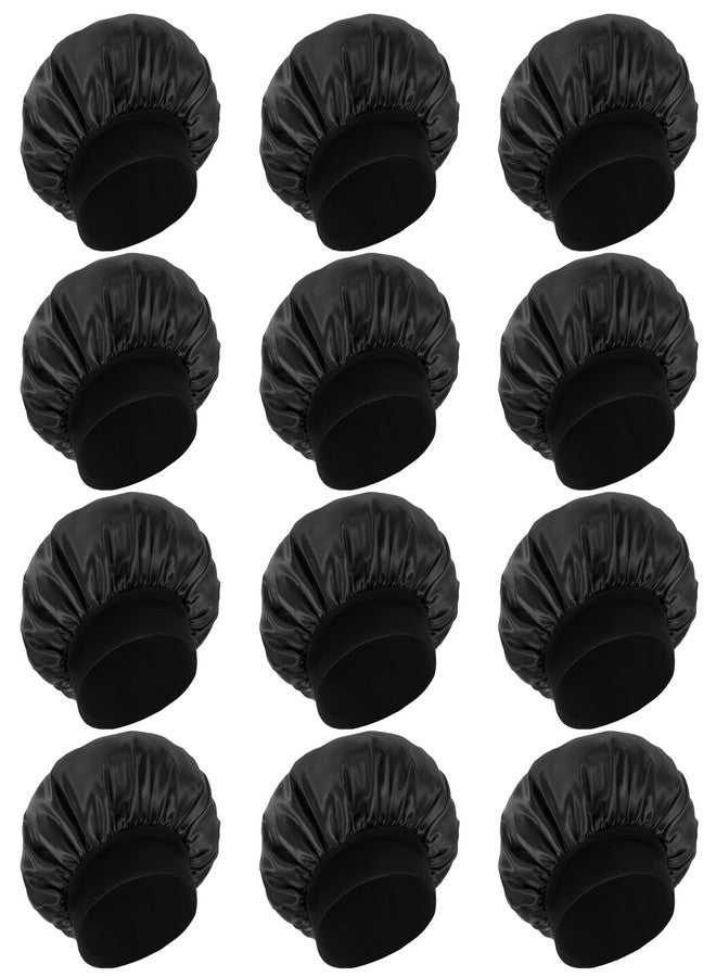 JOUTYFOR 12 Pcs Silk Bonnet for Women Curly Hair Satin Bonnet Hair Wrap for Sleeping Cap with Tie Band Soft and Breathable (Black) - Image 1